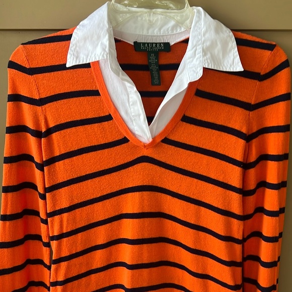 Lauren Ralph Lauren Petite Small Layered Look Sweater Navy Orange Stripe - Picture 2 of 8